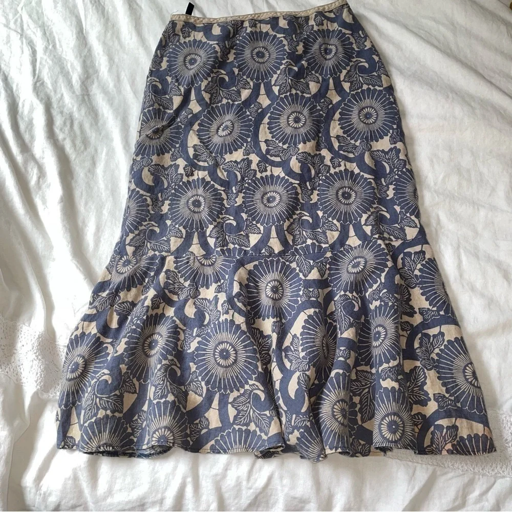 Boden 12L 100% Linen ruffle Maxi Skirt Floral Blue Cream